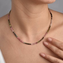 Nox Jewelry 14 Ayar Altın Kaplama Doğal Multi Turmalin Taşlı Fasetli Gümüş Kolye - Renk Geçişli Minimal Tasarım