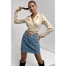 Gömlek Yaka Beli Bağlamalı Crop Bluz