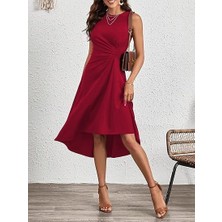 Kadın Sıfır Kollu Bisiklet Yaka Büzgülü Asimetrik Kesim Detaylı Janjan Krep Elbise