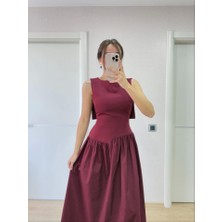 Arkası Kanatlı Uzun Elbise- Bordo