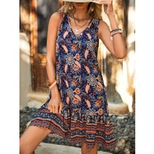 Kadın Askılı V Yakalı Fırfırlı Desenli Süprem Kısa Elbise