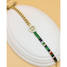 Renkli Baget Taşlı Hayat Ağacı Çelik Bileklik