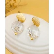 Gold Diskli Şeffaf Kristal Elips Küpe