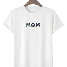 Anneler Gününe Özel Tasarım Mom Çiçek Baskılı T-Shirt - Beyaz