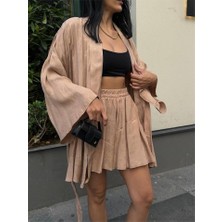 Jakarlı Kimono - Şort Takım - Bej