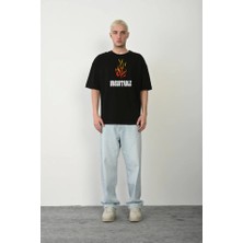 Unisex Bisiklet Yaka Baskılı Oversize T-Shirt - Siyah