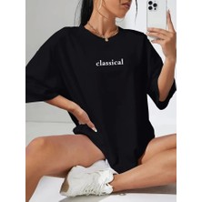 Baskılı Oversize Bisiklet Yaka T-Shirt - Siyah