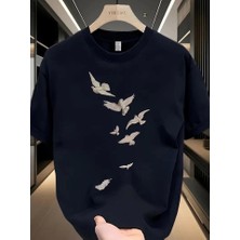 Baskılı Oversize Bisiklet Yaka T-Shirt - Beyaz