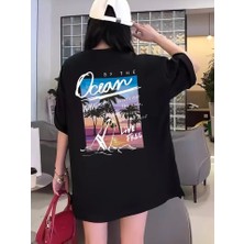 Kadınlar Için Geniş Kesim Tişört - Kısa Kollu, Bol Kesim, Manzaralı Okyanus Baskı, Günlük Yazlık Üst, Siyah- Siyah