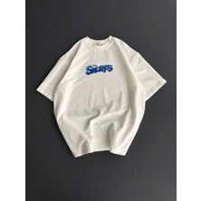 Ön ve Arka Baskılı Oversize Bisiklet Yaka T-Shirt- Beyaz