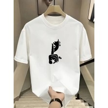 Rahat Bisiklet Yaka Tişört, Yaratıcı Karikatür Baskı - Yumuşak Polyester, Her Mevsim Giyilebilir- Beyaz