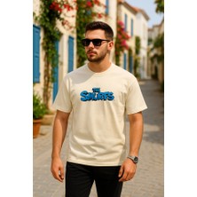 Ön ve Arka Baskılı Oversize Bisiklet Yaka T-Shirt- Beyaz