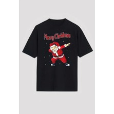Merry Christmas Baskılı Noel Babalı T-Shirt - Siyah