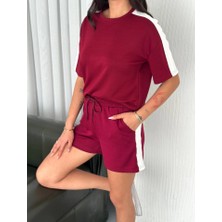 Osy Modal Yumuşak Dokulu Kumaş Parçalı Bisiklet Yaka T-Shirt Kısa Şort Ikili Takım -  Bordo