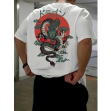 Baskılı Oversize Bisiklet Yaka T-Shirt - Beyaz