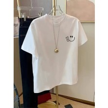 Baskılı Oversize Bisiklet Yaka T-Shirt - Beyaz