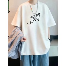 Baskılı Oversize Bisiklet Yaka T-Shirt - Beyaz
