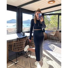 Kadın Soft Kaşkorse Kumaş Bluz ve Yırtmaç Detaylı Etek Ikili Takım