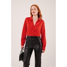 Saten Crop Model Kırmızı Gömlek