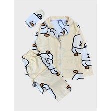 Kız Çocuk Pamuklu Kumaş Süet Sarı Civciv Desenli Uyku Bantlı Biyeli Gömlek Yaka Pijama Takımı