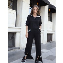 Kadın Polo Yaka Paça Yırtmaçlı Ribanalı Ikili Takım