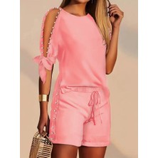 Kadın Kısa Kollu Bisiklet Yaka Yarı Açık Omuz Inci Detaylı Short T-shirt Viskon Ikili Takım