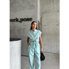 Çizgili Keten Kolsuz Crop Pantolon Takım - Yeşil