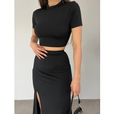 Sosostyle Eteği Yırtmaçlı Sandy Crop Takım -Siyah