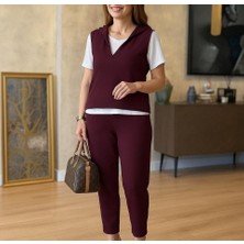 Aisha Elbise Kadın Kısa Kollu V Yakalı Kapşonlu Viskon Iki Iplik Bluz ve Pantolon Takım