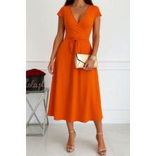 Arben Boutique Kadın Kısa Kollu V Yakalı Belden Kuşaklı Maksi Boy Viskon Elbise