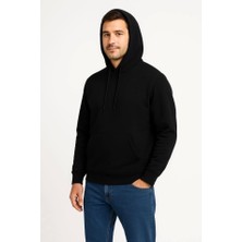 Fy Butik Erkek Siyah Üç Iplik Kapüşonlu Kanguru Cepli Sweatshirt Hoodie - Düz Desenli Uzun Kol