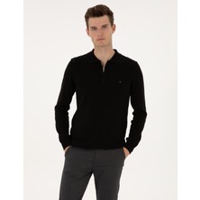 Pierre Cardin Erkek Siyah Slim Fit Polo Yaka Fermuarlı Basic Triko Kazak 50314191-VR046