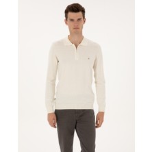 Pierre Cardin Erkek Ekru Slim Fit Polo Yaka Fermuarlı Basic Triko Kazak 50314191-VR019