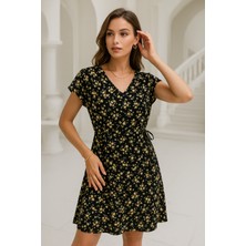 Siyah Sarı Çiçek Desenli V Yaka Elbise