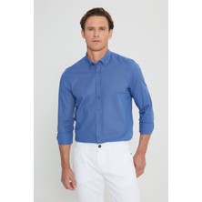 Altınyıldız Classics Erkek Indigo Slim Fit Düğmeli Yaka Keten Görünümlü %100 Pamuk Flamlı Gömlek