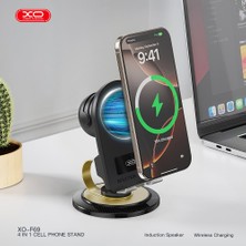 XO-F69 4 In 1 Cep Telefonu Standı - Bluetooth Hoparlör ve Kablosuz Şarj Bir Arada Siyah
