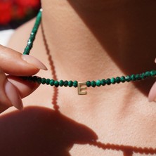 Nox Jewelry 14K Altın Kaplama Doğal Malakit Taşlı Harf Detaylı Choker Gümüş Kolye - NGS00116