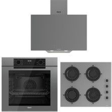 Ferre Artline Gri Ankastre Set (D079-SA Gri Davlumbaz - CS208-FA 60 cm Gri Ocak - QEP63CPR Fryart Fırın)