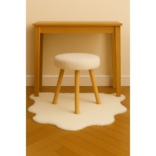 Beyaz Teddy Yuvarlak Puf Bench Ahşap Modern Ayak Dekoratif Peluş Tabure
