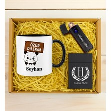 Bk Gift Kişiye Özel Özür Dilerim Tasarımlı Siyah Kupa & Sigara Kutusu & Dokunmatik Alevsiz Çakmak Hediye Seti