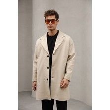 Krem/bej Renk Düğme Kapamalı Renk Yarım Oversize Rahat Kesim Uzun Erkek Kaşe Kaban Palto
