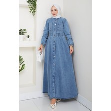 Kadın Belden Lastikli Cep Detaylı Kot Mavi Elbise