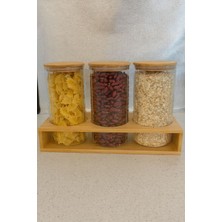 Borosilikat Cam Bambu Stantlı ve Bambu Kapaklı Optik Çizgili Baharatlık Seti 1400 ml (ALG11522)
