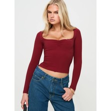 Uzun Kollu Kare Yaka Slim Fit Kadın Crop Bluz