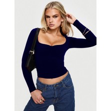 Uzun Kollu Kare Yaka Slim Fit Kadın Crop Bluz