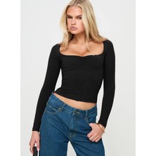 Uzun Kollu Kare Yaka Slim Fit Kadın Crop Bluz