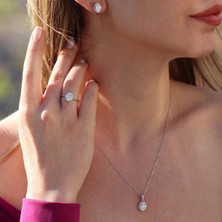 Etrafı Pırıltılı Taşlarla Çevrili Elips Montür Sky Diamond Gümüş Set
