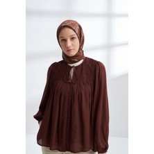 Armanda Muse Desen Çift Taraflı Tivil Ipek Eşarp 4313-VIZON Kahve