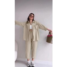 Zf Butik Kadın Bej Keten İkili Gömlek Pantolon Alt Üst Takım Özel Olaylar İçin Şık Seçim