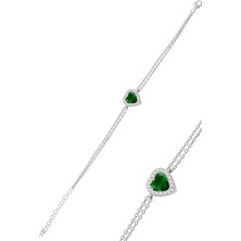 Söğütlü Silver Kadın Bileklik – Kök Zümrüt Taşlı, 925 Ayar Rodyum Kaplama Gümüş, Pırlanta Montürlü Kalp Tasarım